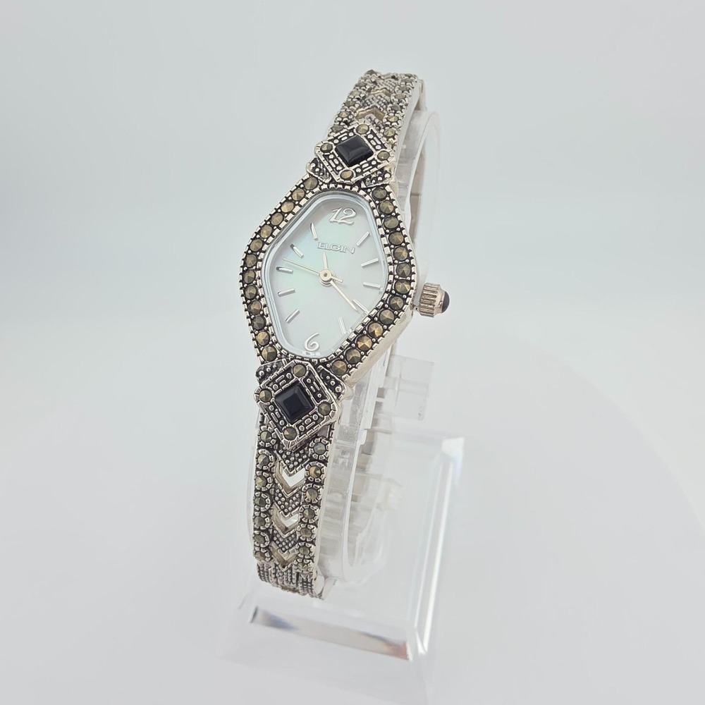 Vtg ELGIN Ladies Wrist Watch Marcasite Black Onyx Stones Art Deco Silver Tone 7"